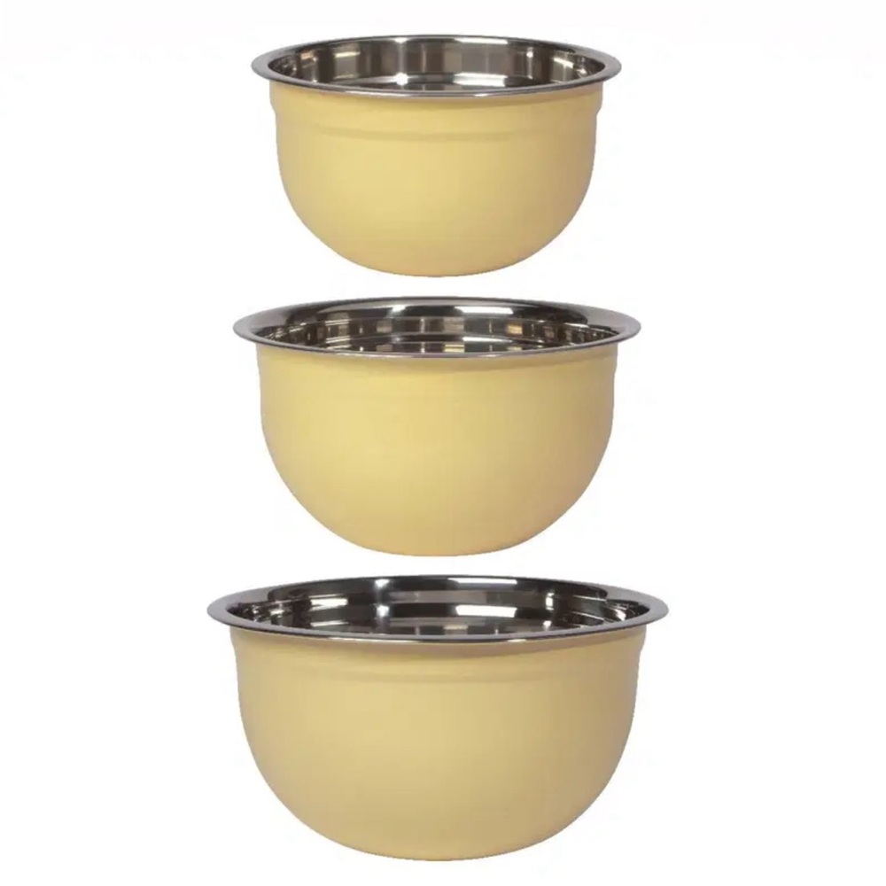 stainless steel & matte “yellow sunrise” 1.5, 3 & 5 quart set of 3 bowls-NWT